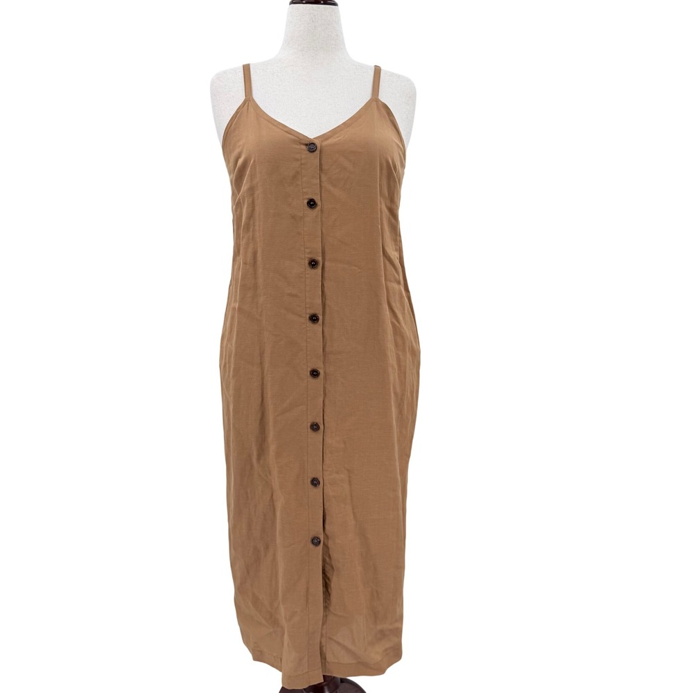 First Monday Linen Tencel Button Front Midi‎ Cami Dress Camel Brown NEW